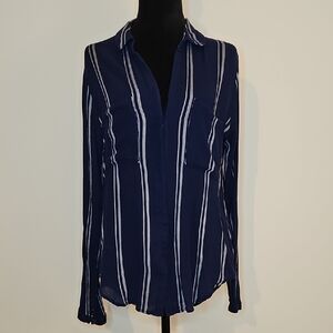 cloth & stone Navy and White Vertical Stripe Button-Down Flowy Tunic Shirt Top